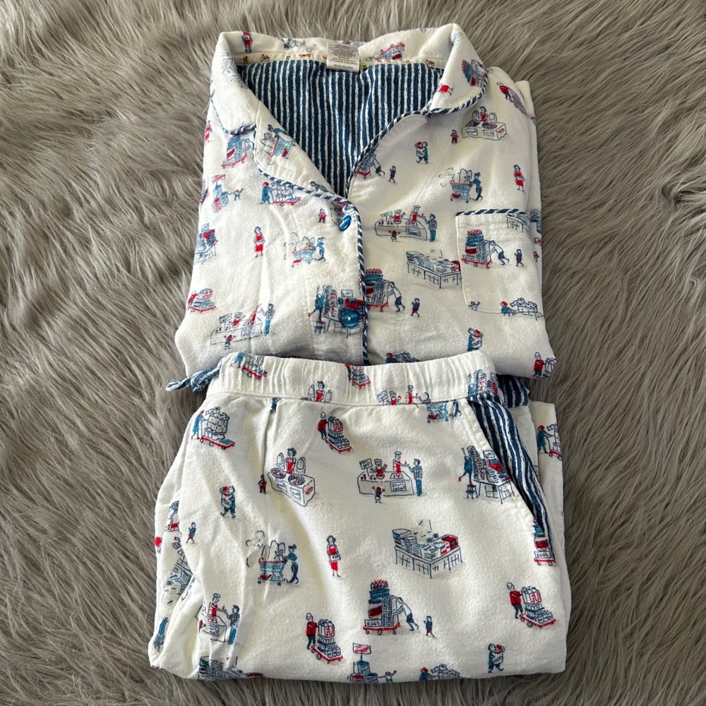 Munki Munki Two Piece Pajama Set Women Size XXL White Fleece Grocery Store Print